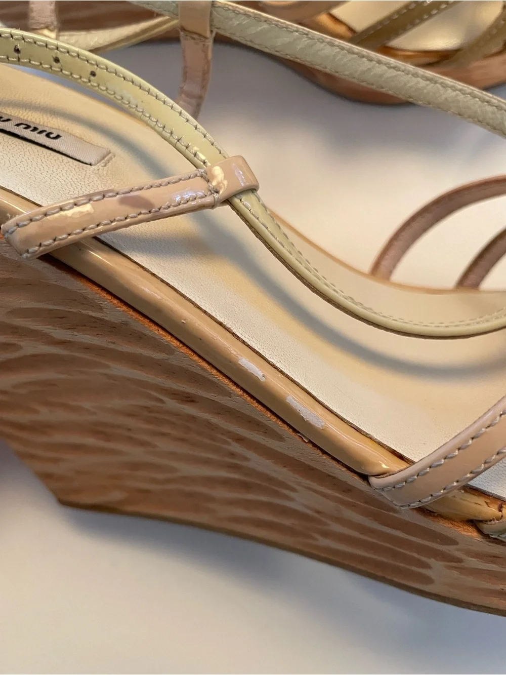 Vintage Miu Miu Wood Carved Strappy Sling Back Wedges